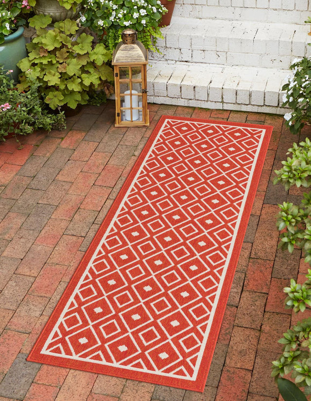 Rust Red 2' x 6' 1 Outdoor Trellis Runner Area Rug Weather Resistant for Patio, Deck, Terrace, Balcony, Porch Geometric Design Water Safe Outside Carpet for Sale at Rug Engine
