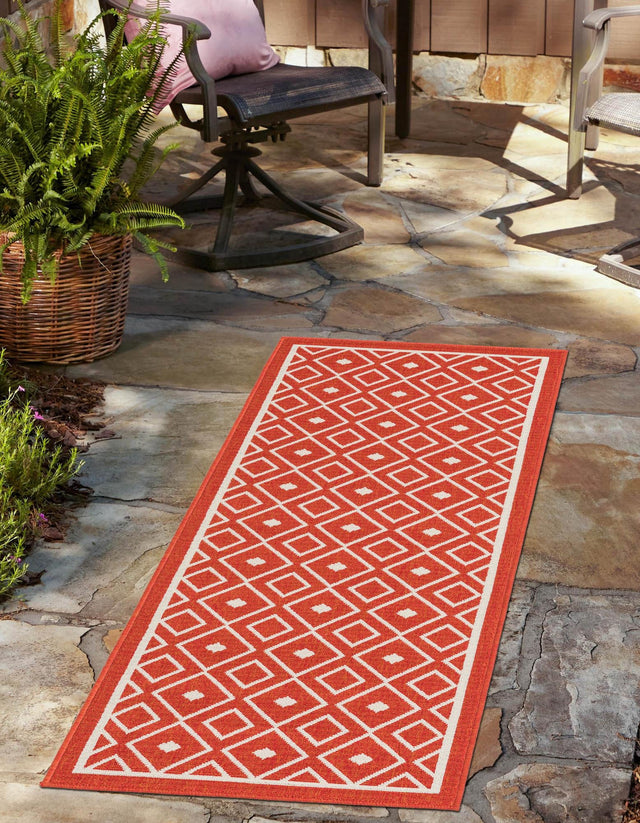 Rust Red 2' x 8' Outdoor Trellis Runner Area Rug Weather Resistant for Patio, Deck, Terrace, Balcony, Porch Geometric Design Water Safe Outside Carpet for Sale at Rug Engine