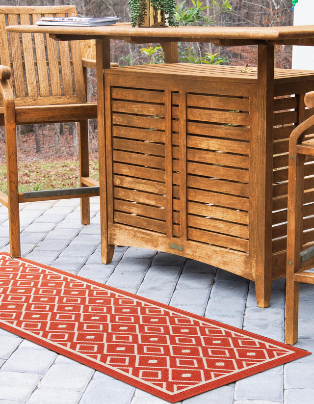 Rust Red 2' x 6' 1 Outdoor Trellis Runner Area Rug Weather Resistant for Patio, Deck, Terrace, Balcony, Porch Geometric Design Water Safe Outside Carpet for Sale at Rug Engine