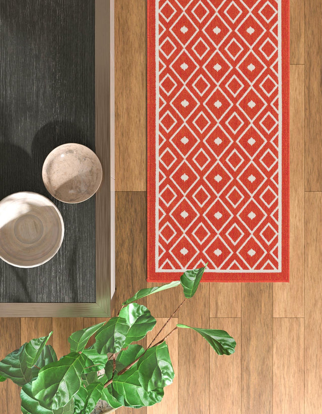Rust Red 2' x 8' Outdoor Trellis Runner Area Rug Weather Resistant for Patio, Deck, Terrace, Balcony, Porch Geometric Design Water Safe Outside Carpet for Sale at Rug Engine