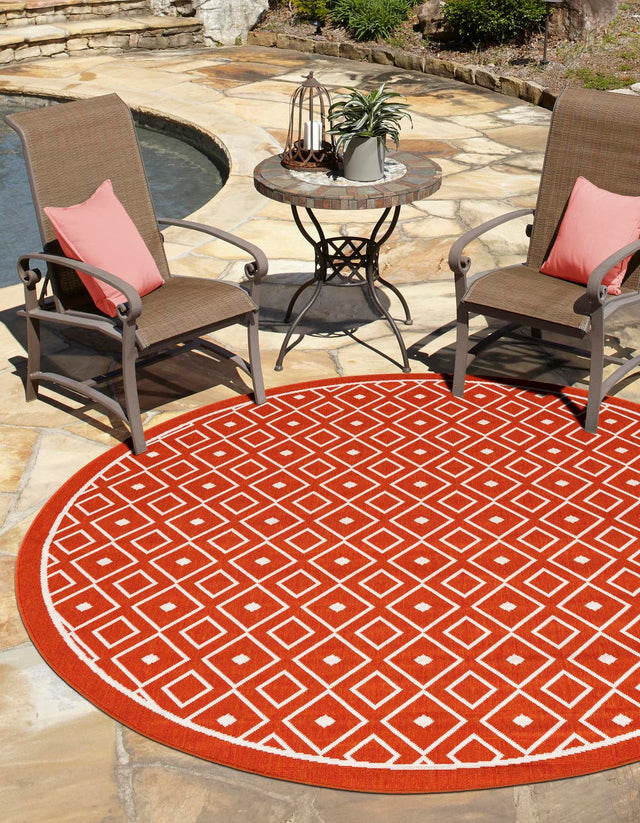 Rust Red 4' 1 x 4' 1 Outdoor Trellis Round Area Rug Weather Resistant for Patio, Deck, Terrace, Balcony, Porch Geometric Design Water Safe Outside Carpet for Sale at Rug Engine