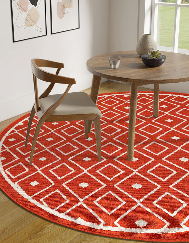 Rust Red 7' 1 x 7' 1 Outdoor Trellis Round Area Rug Weather Resistant for Patio, Deck, Terrace, Balcony, Porch Geometric Design Water Safe Outside Carpet for Sale at Rug Engine