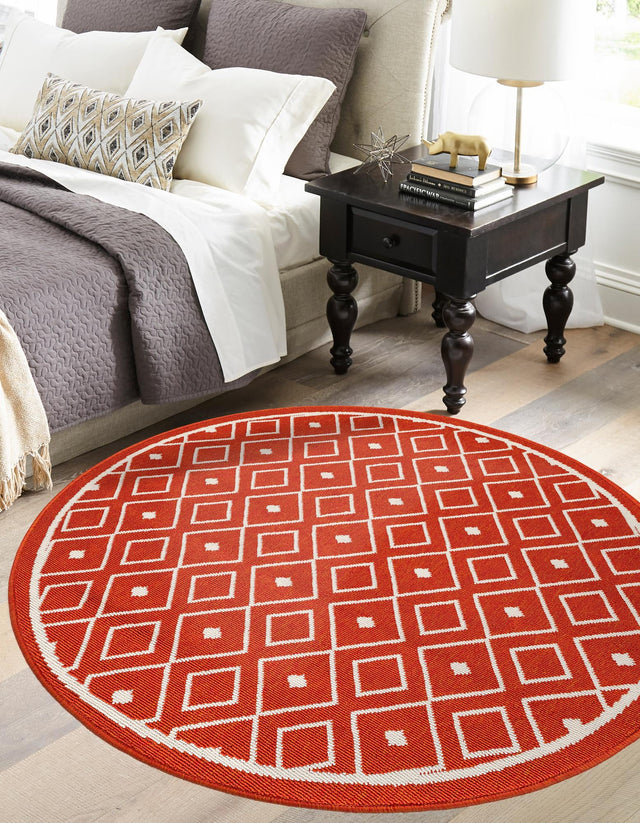 Rust Red 7' 1 x 7' 1 Outdoor Trellis Round Area Rug Weather Resistant for Patio, Deck, Terrace, Balcony, Porch Geometric Design Water Safe Outside Carpet for Sale at Rug Engine