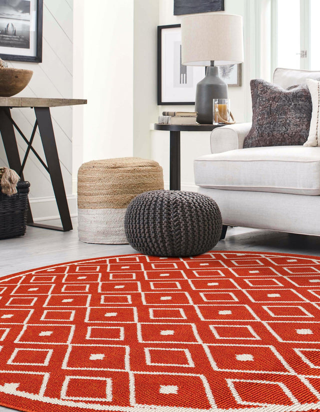 Rust Red 7' 1 x 7' 1 Outdoor Trellis Round Area Rug Weather Resistant for Patio, Deck, Terrace, Balcony, Porch Geometric Design Water Safe Outside Carpet for Sale at Rug Engine