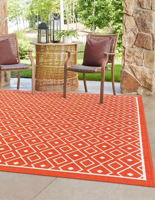 Rust Red 7' 10 x 7' 10 Outdoor Trellis Square Area Rug Weather Resistant for Patio, Deck, Terrace, Balcony, Porch Geometric Design Water Safe Outside Carpet for Sale at Rug Engine