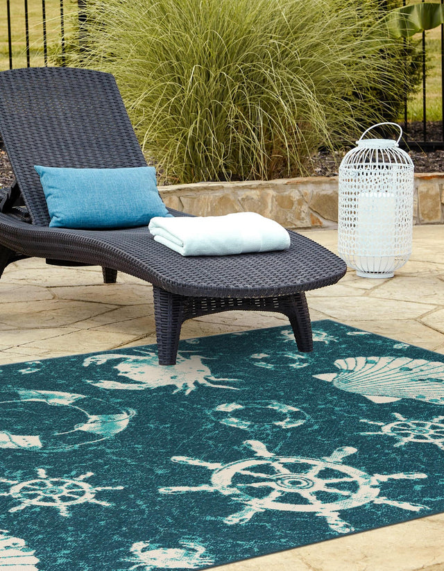 Navy Blue 9' x 12' Outdoor Coastal Rectangle Area Rug Weather Resistant for Patio, Deck, Terrace, Balcony, Porch 100% Polypropylene Coastal Decor Carpet for Sale at Rug Engine