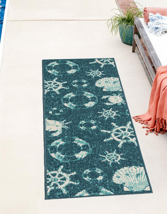 Navy Blue 2' x 8' Outdoor Coastal Runner Area Rug Weather Resistant for Patio, Deck, Terrace, Balcony, Porch 100% Polypropylene Coastal Decor Carpet for Sale at Rug Engine