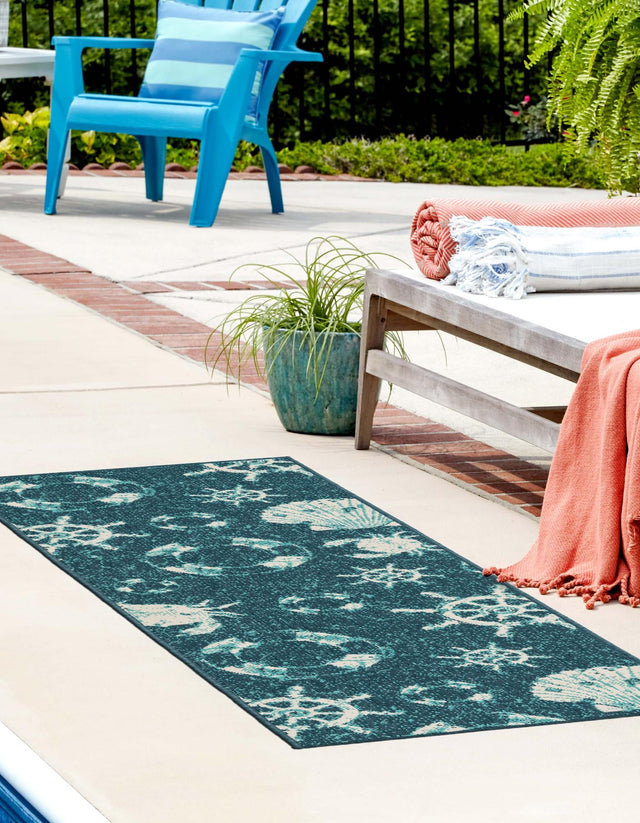 Navy Blue 2' x 8' Outdoor Coastal Runner Area Rug Weather Resistant for Patio, Deck, Terrace, Balcony, Porch 100% Polypropylene Coastal Decor Carpet for Sale at Rug Engine