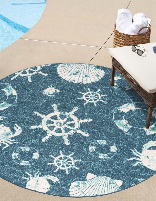 Navy Blue 4' 1 x 4' 1 Outdoor Coastal Round Area Rug Weather Resistant for Patio, Deck, Terrace, Balcony, Porch 100% Polypropylene Coastal Decor Carpet for Sale at Rug Engine