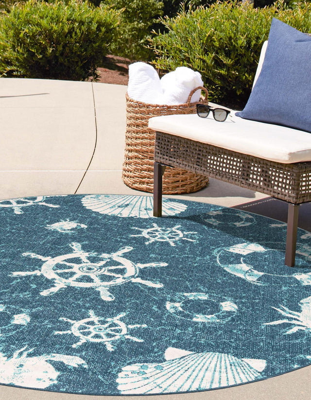 Navy Blue 7' 1 x 7' 1 Outdoor Coastal Round Area Rug Weather Resistant for Patio, Deck, Terrace, Balcony, Porch 100% Polypropylene Coastal Decor Carpet for Sale at Rug Engine