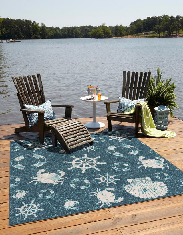 Navy Blue 7' 10 x 7' 10 Outdoor Coastal Square Area Rug Weather Resistant for Patio, Deck, Terrace, Balcony, Porch 100% Polypropylene Coastal Decor Carpet for Sale at Rug Engine