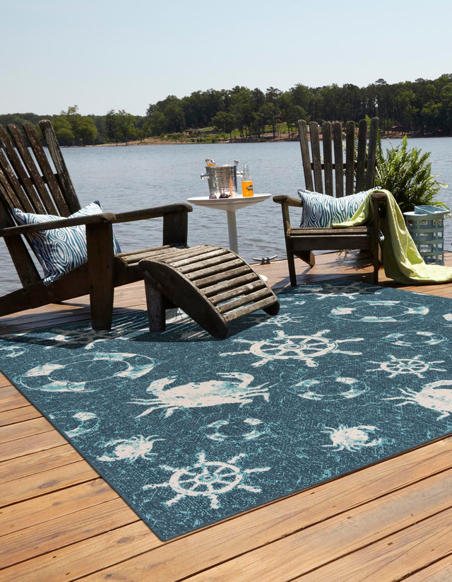 Navy Blue 7' 10 x 7' 10 Outdoor Coastal Square Area Rug Weather Resistant for Patio, Deck, Terrace, Balcony, Porch 100% Polypropylene Coastal Decor Carpet for Sale at Rug Engine