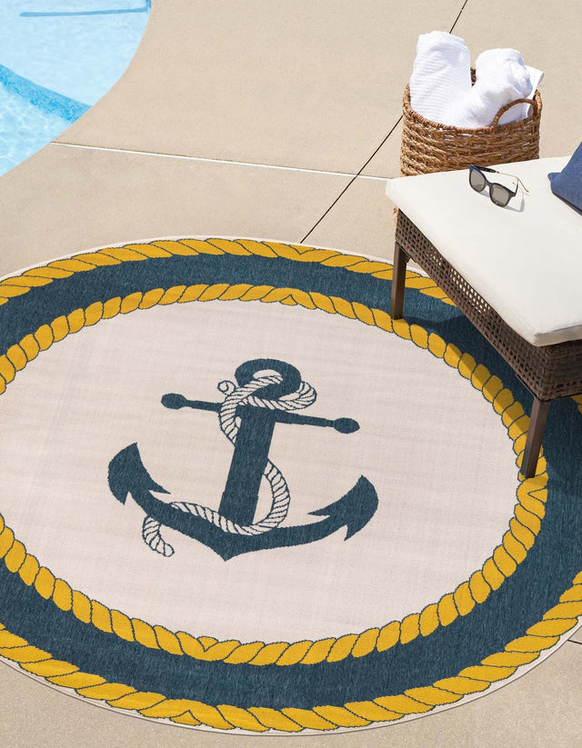 Ivory 7' 1 x 7' 1 Outdoor Coastal Round Area Rug Weather Resistant for Patio, Deck, Terrace, Balcony, Porch 100% Polypropylene Coastal Decor Carpet for Sale at Rug Engine