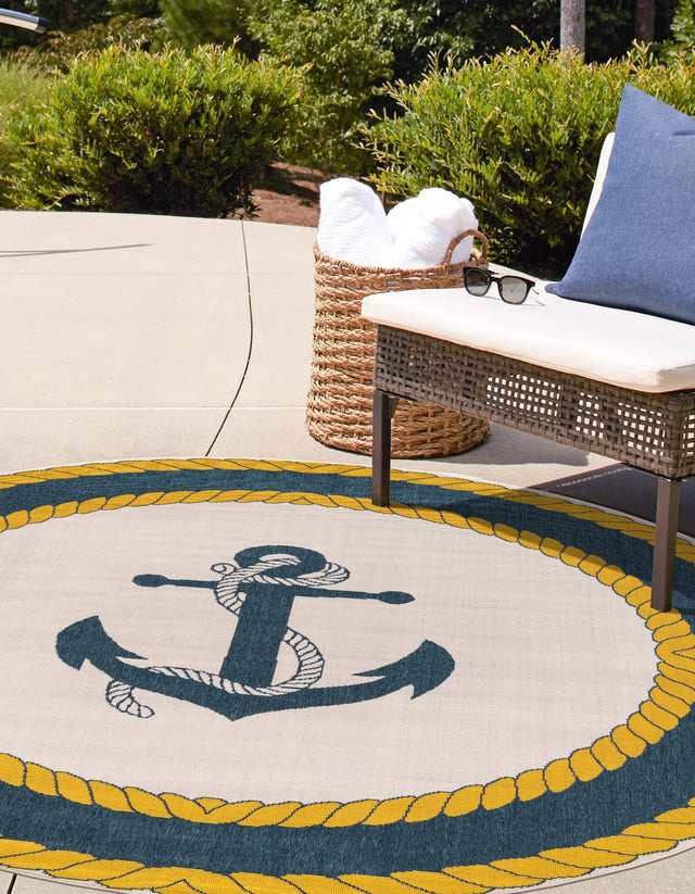 Ivory 7' 1 x 7' 1 Outdoor Coastal Round Area Rug Weather Resistant for Patio, Deck, Terrace, Balcony, Porch 100% Polypropylene Coastal Decor Carpet for Sale at Rug Engine