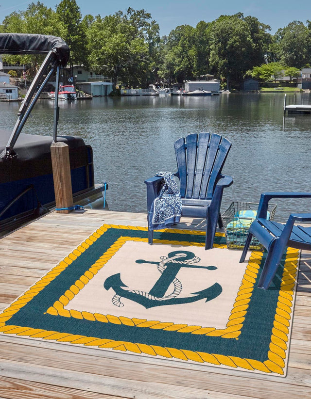 Ivory 7' 10 x 7' 10 Outdoor Coastal Square Area Rug Weather Resistant for Patio, Deck, Terrace, Balcony, Porch 100% Polypropylene Coastal Decor Carpet for Sale at Rug Engine