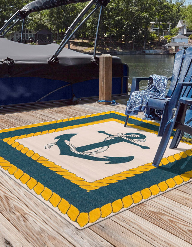Ivory 7' 10 x 7' 10 Outdoor Coastal Square Area Rug Weather Resistant for Patio, Deck, Terrace, Balcony, Porch 100% Polypropylene Coastal Decor Carpet for Sale at Rug Engine