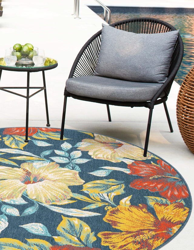 Multicolor 7' 1 x 7' 1 Outdoor Coastal Round Area Rug Weather Resistant for Patio, Deck, Terrace, Balcony, Porch 100% Polypropylene Coastal Decor Carpet for Sale at Rug Engine