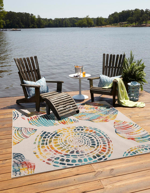 Multicolor 7' 10 x 7' 10 Outdoor Coastal Square Area Rug Weather Resistant for Patio, Deck, Terrace, Balcony, Porch 100% Polypropylene Coastal Decor Carpet for Sale at Rug Engine