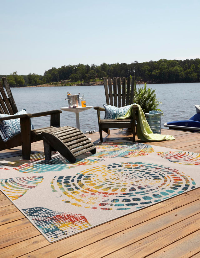 Multicolor 7' 10 x 7' 10 Outdoor Coastal Square Area Rug Weather Resistant for Patio, Deck, Terrace, Balcony, Porch 100% Polypropylene Coastal Decor Carpet for Sale at Rug Engine