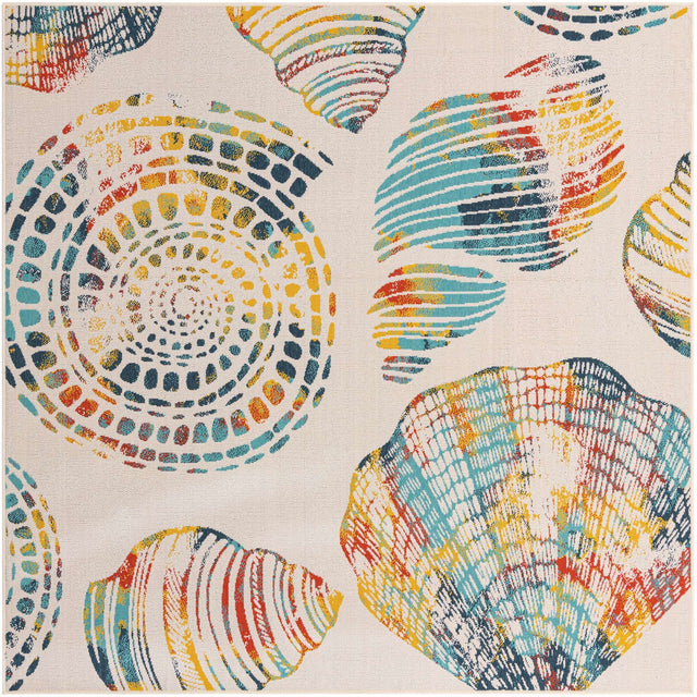 Multicolor 7' 10 x 7' 10 Outdoor Coastal Square Area Rug Weather Resistant for Patio, Deck, Terrace, Balcony, Porch 100% Polypropylene Coastal Decor Carpet for Sale at Rug Engine