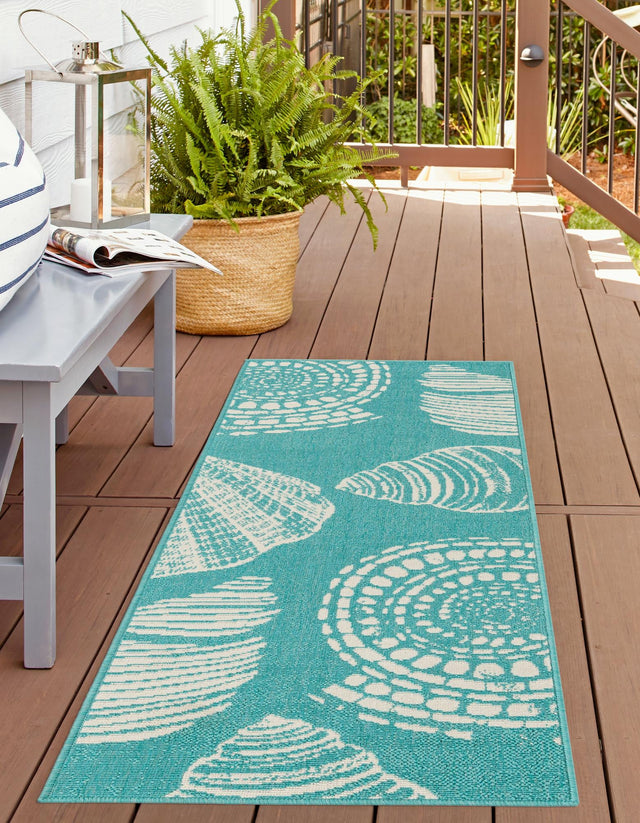 Teal 2' x 6' 1 Outdoor Coastal Runner Area Rug Weather Resistant for Patio, Deck, Terrace, Balcony, Porch 100% Polypropylene Coastal Decor Carpet for Sale at Rug Engine
