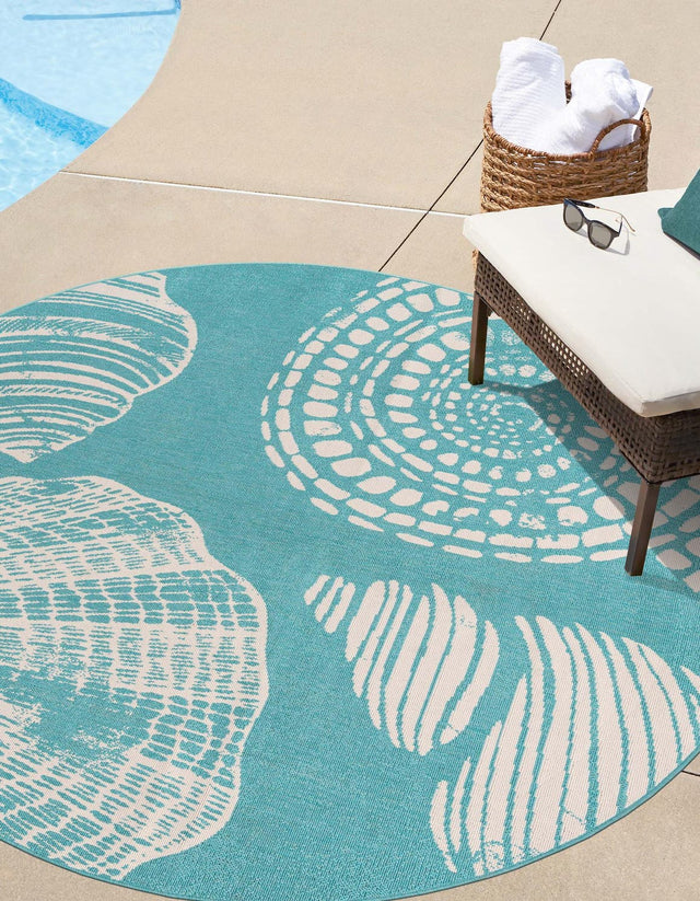 Teal 7' 1 x 7' 1 Outdoor Coastal Round Area Rug Weather Resistant for Patio, Deck, Terrace, Balcony, Porch 100% Polypropylene Coastal Decor Carpet for Sale at Rug Engine