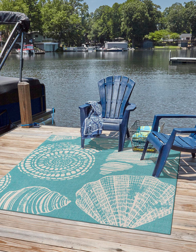 Teal 7' 10 x 7' 10 Outdoor Coastal Square Area Rug Weather Resistant for Patio, Deck, Terrace, Balcony, Porch 100% Polypropylene Coastal Decor Carpet for Sale at Rug Engine