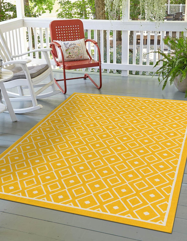 Yellow 8' x 10' Outdoor Trellis Rectangle Area Rug Weather Resistant for Patio, Deck, Terrace, Balcony, Porch Geometric Design Water Safe Outside Carpet for Sale at Rug Engine