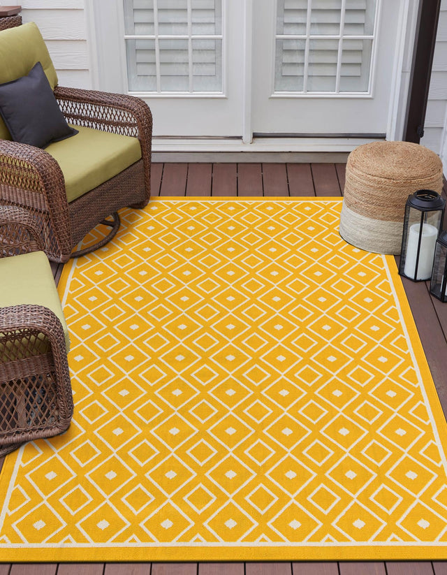 Yellow 8' x 10' Outdoor Trellis Rectangle Area Rug Weather Resistant for Patio, Deck, Terrace, Balcony, Porch Geometric Design Water Safe Outside Carpet for Sale at Rug Engine