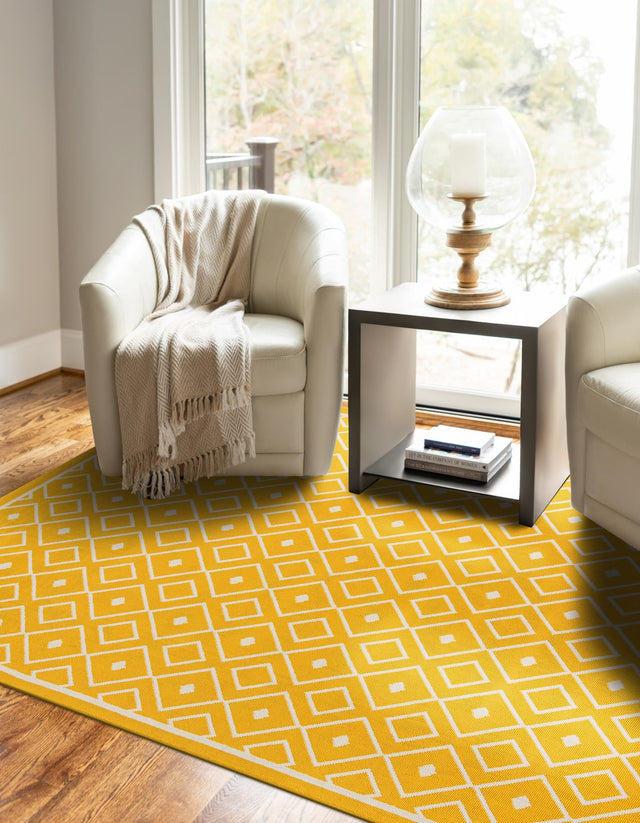 Yellow 8' x 10' Outdoor Trellis Rectangle Area Rug Weather Resistant for Patio, Deck, Terrace, Balcony, Porch Geometric Design Water Safe Outside Carpet for Sale at Rug Engine