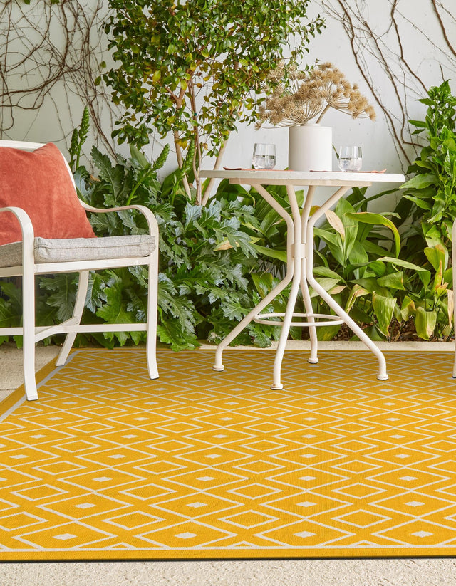 Yellow 8' x 10' Outdoor Trellis Rectangle Area Rug Weather Resistant for Patio, Deck, Terrace, Balcony, Porch Geometric Design Water Safe Outside Carpet for Sale at Rug Engine