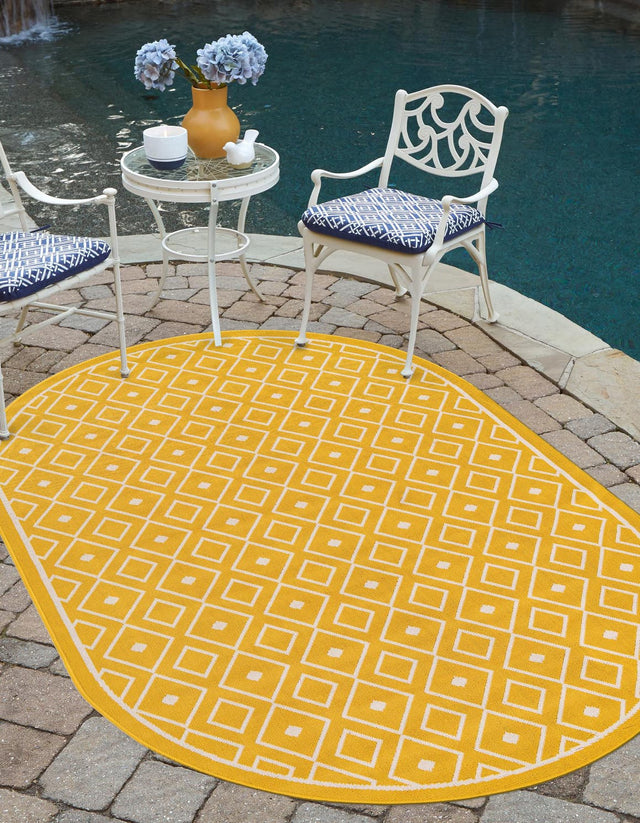 Yellow 5' 3 x 8' Outdoor Trellis Oval Area Rug Weather Resistant for Patio, Deck, Terrace, Balcony, Porch Geometric Design Water Safe Outside Carpet for Sale at Rug Engine