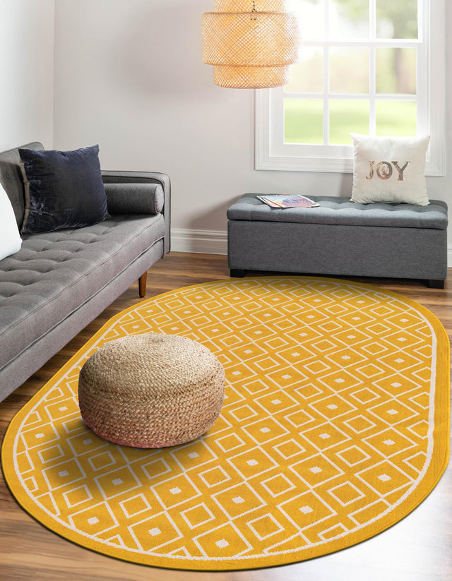 Yellow 7' 10 x 10' Outdoor Trellis Oval Area Rug Weather Resistant for Patio, Deck, Terrace, Balcony, Porch Geometric Design Water Safe Outside Carpet for Sale at Rug Engine