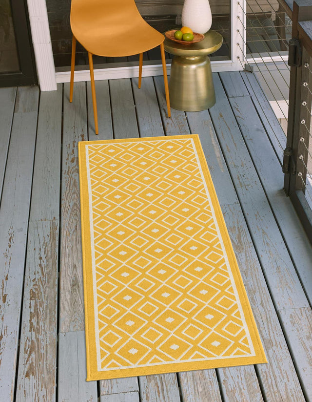 Yellow 2' x 6' 1 Outdoor Trellis Runner Area Rug Weather Resistant for Patio, Deck, Terrace, Balcony, Porch Geometric Design Water Safe Outside Carpet for Sale at Rug Engine
