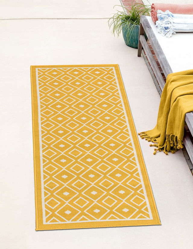 Yellow 2' x 6' 1 Outdoor Trellis Runner Area Rug Weather Resistant for Patio, Deck, Terrace, Balcony, Porch Geometric Design Water Safe Outside Carpet for Sale at Rug Engine