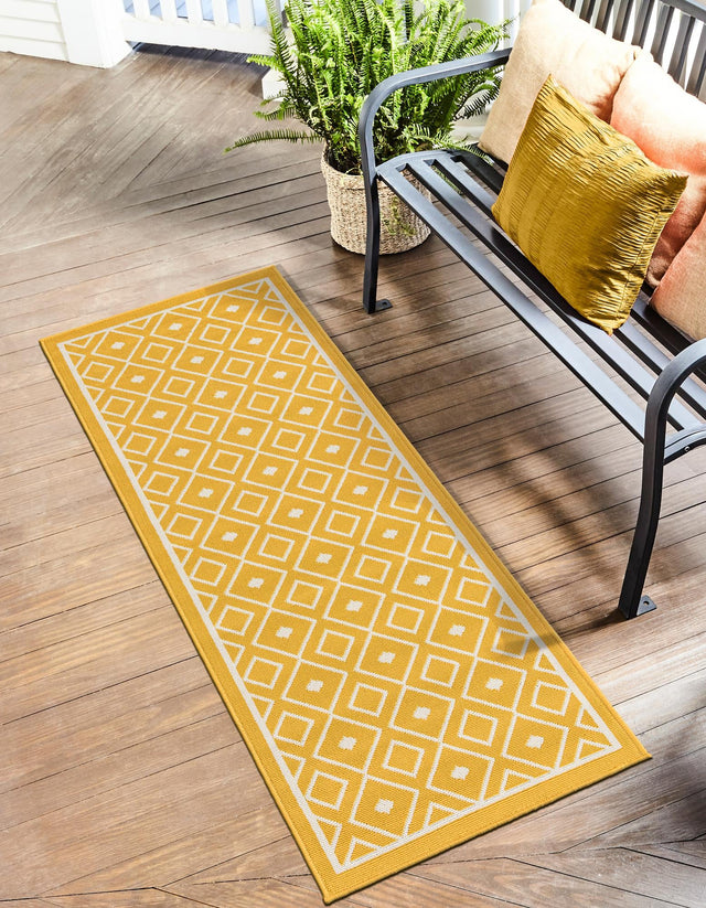 Yellow 2' x 6' 1 Outdoor Trellis Runner Area Rug Weather Resistant for Patio, Deck, Terrace, Balcony, Porch Geometric Design Water Safe Outside Carpet for Sale at Rug Engine