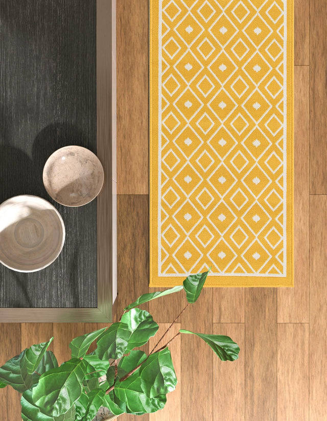 Yellow 2' x 8' Outdoor Trellis Runner Area Rug Weather Resistant for Patio, Deck, Terrace, Balcony, Porch Geometric Design Water Safe Outside Carpet for Sale at Rug Engine