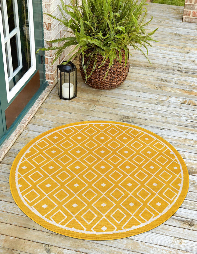 Yellow 7' 1 x 7' 1 Outdoor Trellis Round Area Rug Weather Resistant for Patio, Deck, Terrace, Balcony, Porch Geometric Design Water Safe Outside Carpet for Sale at Rug Engine