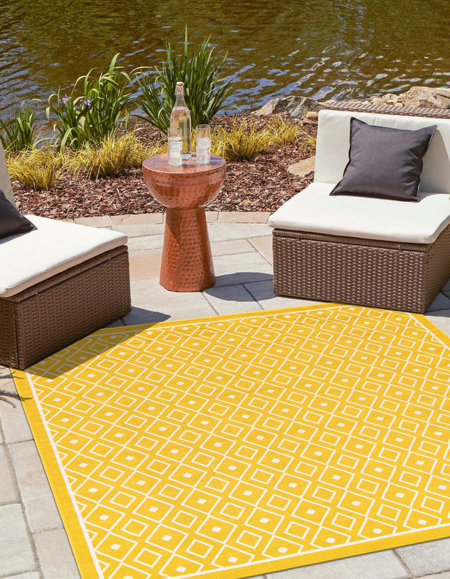 Yellow 8' x 8' Outdoor Trellis Square Area Rug Weather Resistant for Patio, Deck, Terrace, Balcony, Porch Geometric Design Water Safe Outside Carpet for Sale at Rug Engine