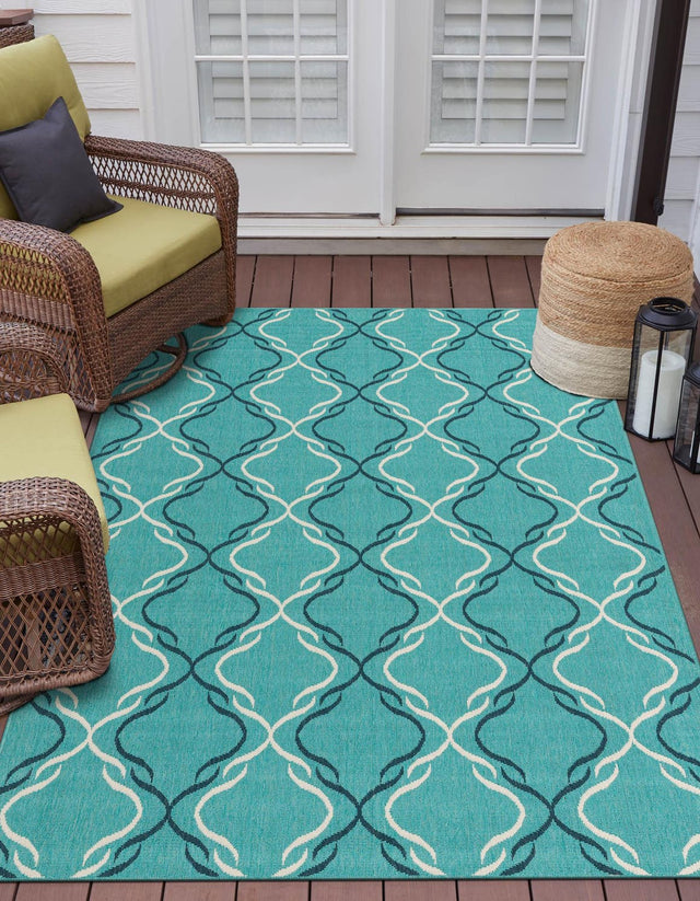 Teal 4' 1 x 6' 1 Outdoor Trellis Rectangle Area Rug Weather Resistant for Patio, Deck, Terrace, Balcony, Porch Geometric Design Water Safe Outside Carpet for Sale at Rug Engine