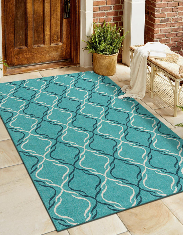 Teal 5' 3 x 8' Outdoor Trellis Rectangle Area Rug Weather Resistant for Patio, Deck, Terrace, Balcony, Porch Geometric Design Water Safe Outside Carpet for Sale at Rug Engine