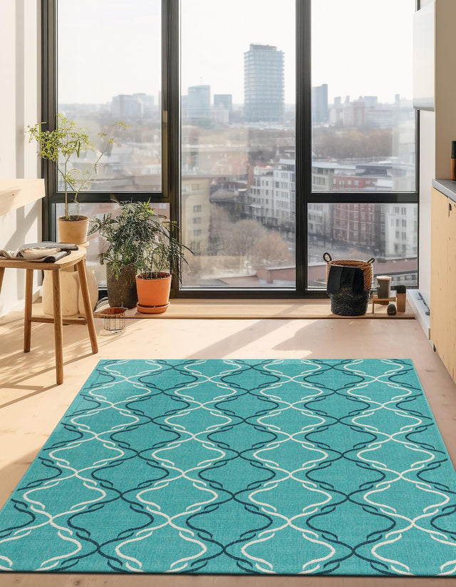 Teal 5' 3 x 8' Outdoor Trellis Rectangle Area Rug Weather Resistant for Patio, Deck, Terrace, Balcony, Porch Geometric Design Water Safe Outside Carpet for Sale at Rug Engine