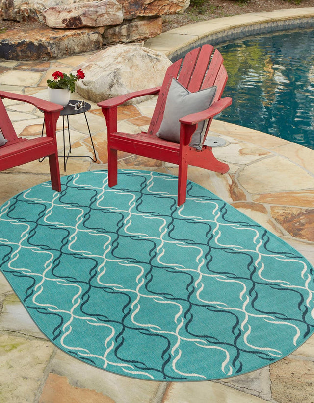Teal 7' 10 x 10' Outdoor Trellis Oval Area Rug Weather Resistant for Patio, Deck, Terrace, Balcony, Porch Geometric Design Water Safe Outside Carpet for Sale at Rug Engine