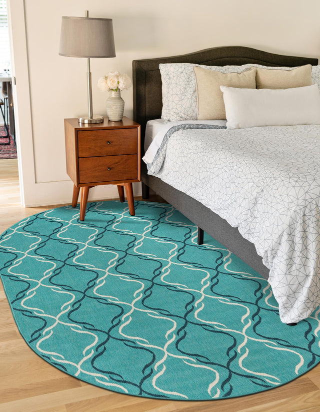 Teal 5' 3 x 8' Outdoor Trellis Oval Area Rug Weather Resistant for Patio, Deck, Terrace, Balcony, Porch Geometric Design Water Safe Outside Carpet for Sale at Rug Engine