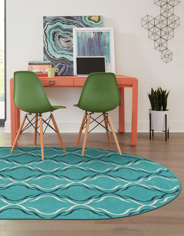Teal 7' 10 x 10' Outdoor Trellis Oval Area Rug Weather Resistant for Patio, Deck, Terrace, Balcony, Porch Geometric Design Water Safe Outside Carpet for Sale at Rug Engine