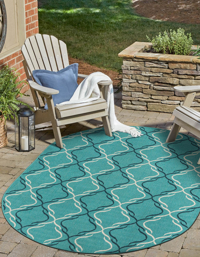 Teal 5' 3 x 8' Outdoor Trellis Oval Area Rug Weather Resistant for Patio, Deck, Terrace, Balcony, Porch Geometric Design Water Safe Outside Carpet for Sale at Rug Engine