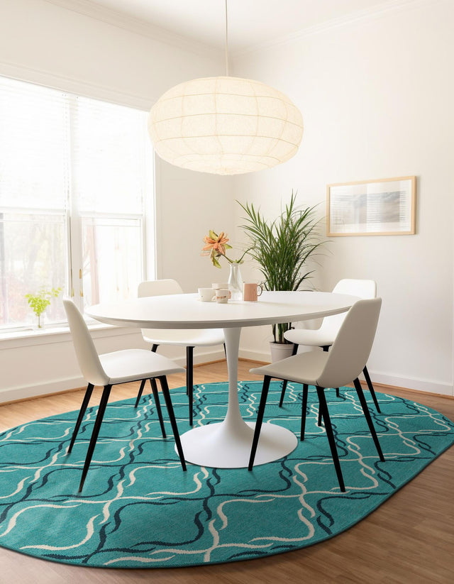 Teal 7' 10 x 10' Outdoor Trellis Oval Area Rug Weather Resistant for Patio, Deck, Terrace, Balcony, Porch Geometric Design Water Safe Outside Carpet for Sale at Rug Engine
