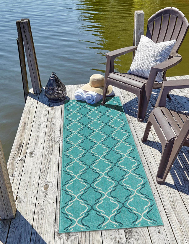 Teal 2' x 6' 1 Outdoor Trellis Runner Area Rug Weather Resistant for Patio, Deck, Terrace, Balcony, Porch Geometric Design Water Safe Outside Carpet for Sale at Rug Engine