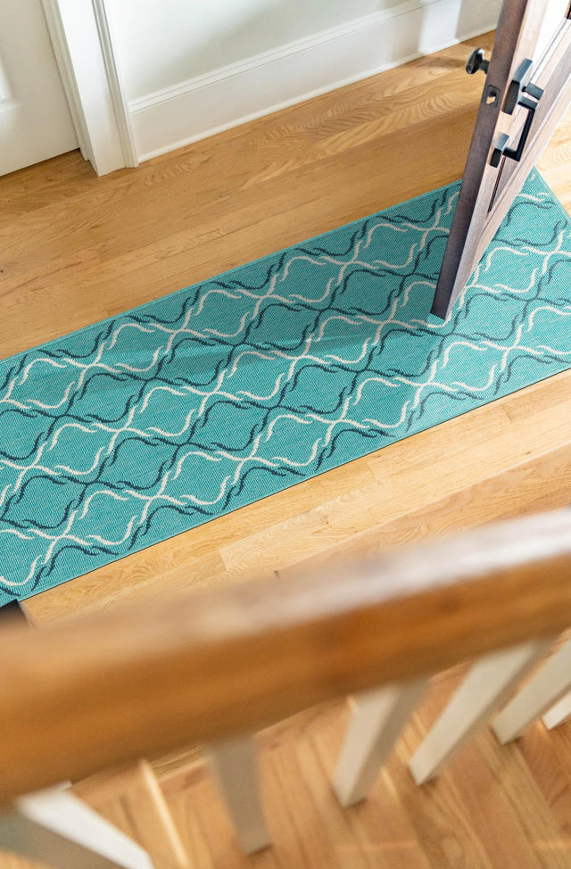 Teal 2' x 8' Outdoor Trellis Runner Area Rug Weather Resistant for Patio, Deck, Terrace, Balcony, Porch Geometric Design Water Safe Outside Carpet for Sale at Rug Engine