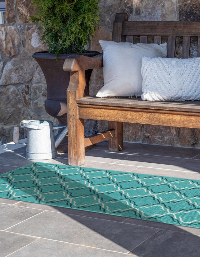 Teal 2' x 8' Outdoor Trellis Runner Area Rug Weather Resistant for Patio, Deck, Terrace, Balcony, Porch Geometric Design Water Safe Outside Carpet for Sale at Rug Engine